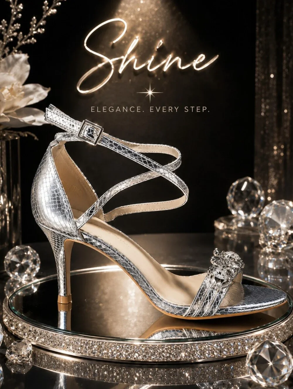 Silver Crystal-Embellished Strappy Heels - Women's Dress Sandals